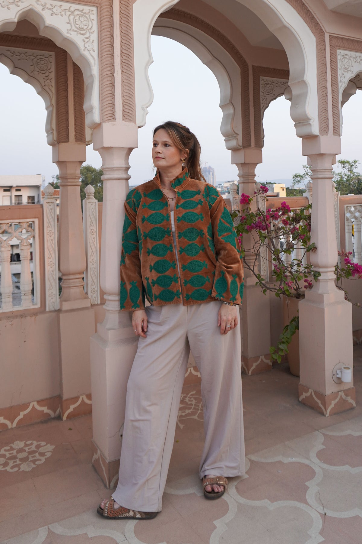 Suzani velvet short coat - Toffee Green
