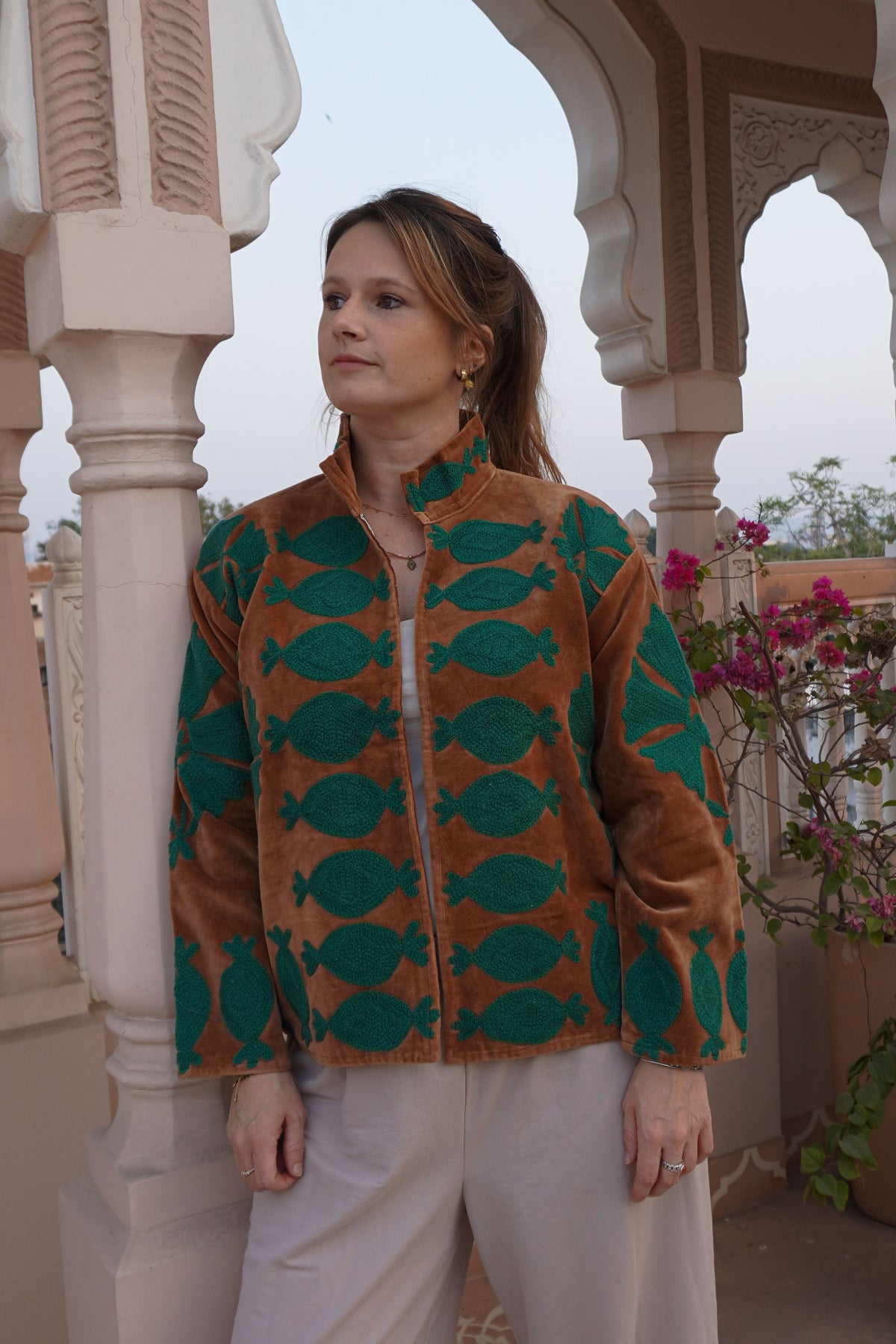 Suzani velvet short coat - Toffee Green