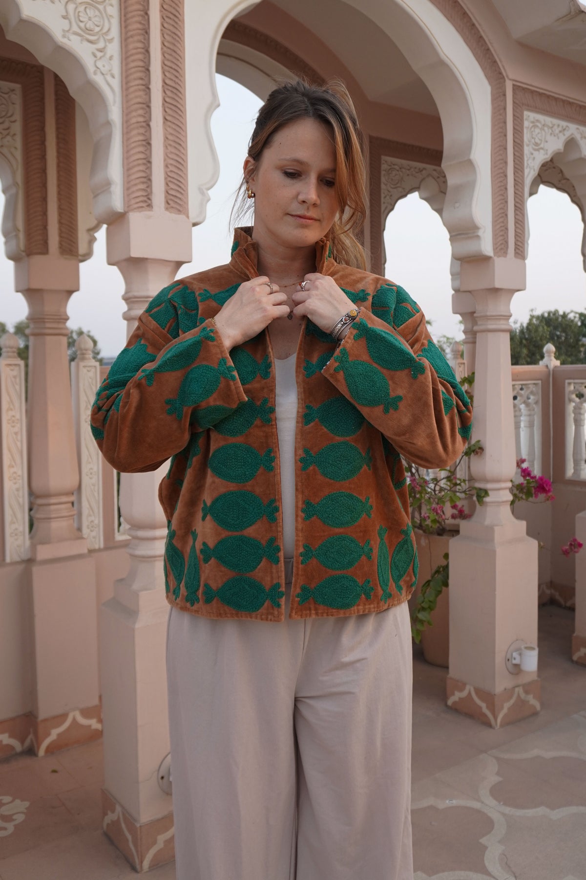 Suzani velvet short coat - Toffee Green