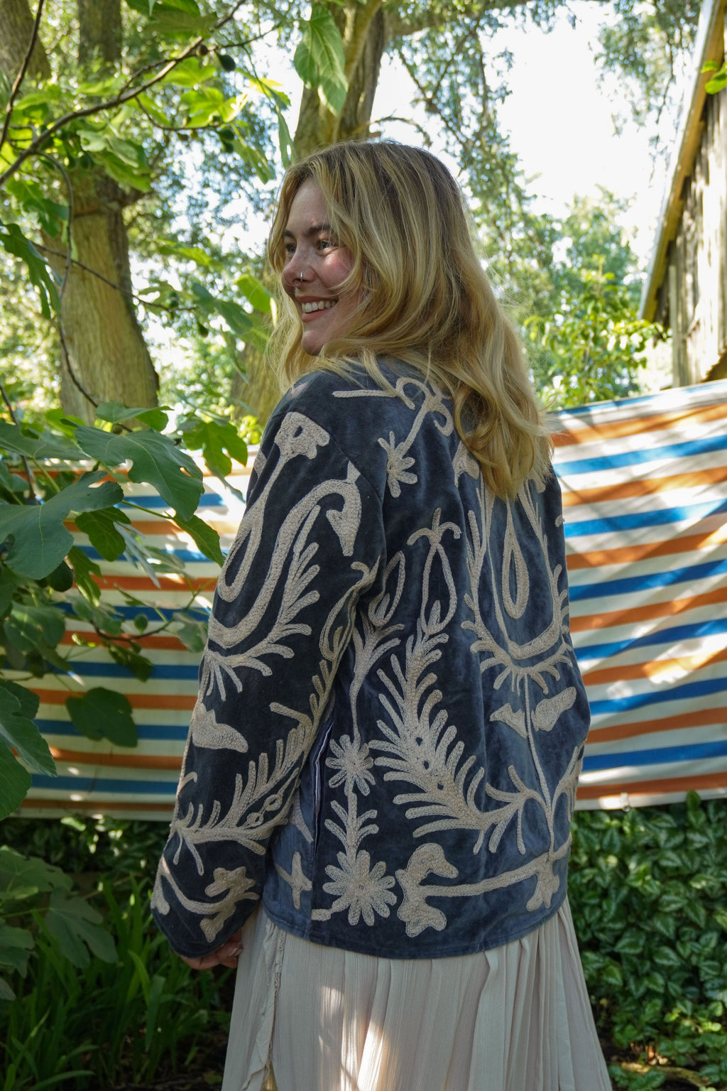 Suzani velvet short coat - Night Blue Floral