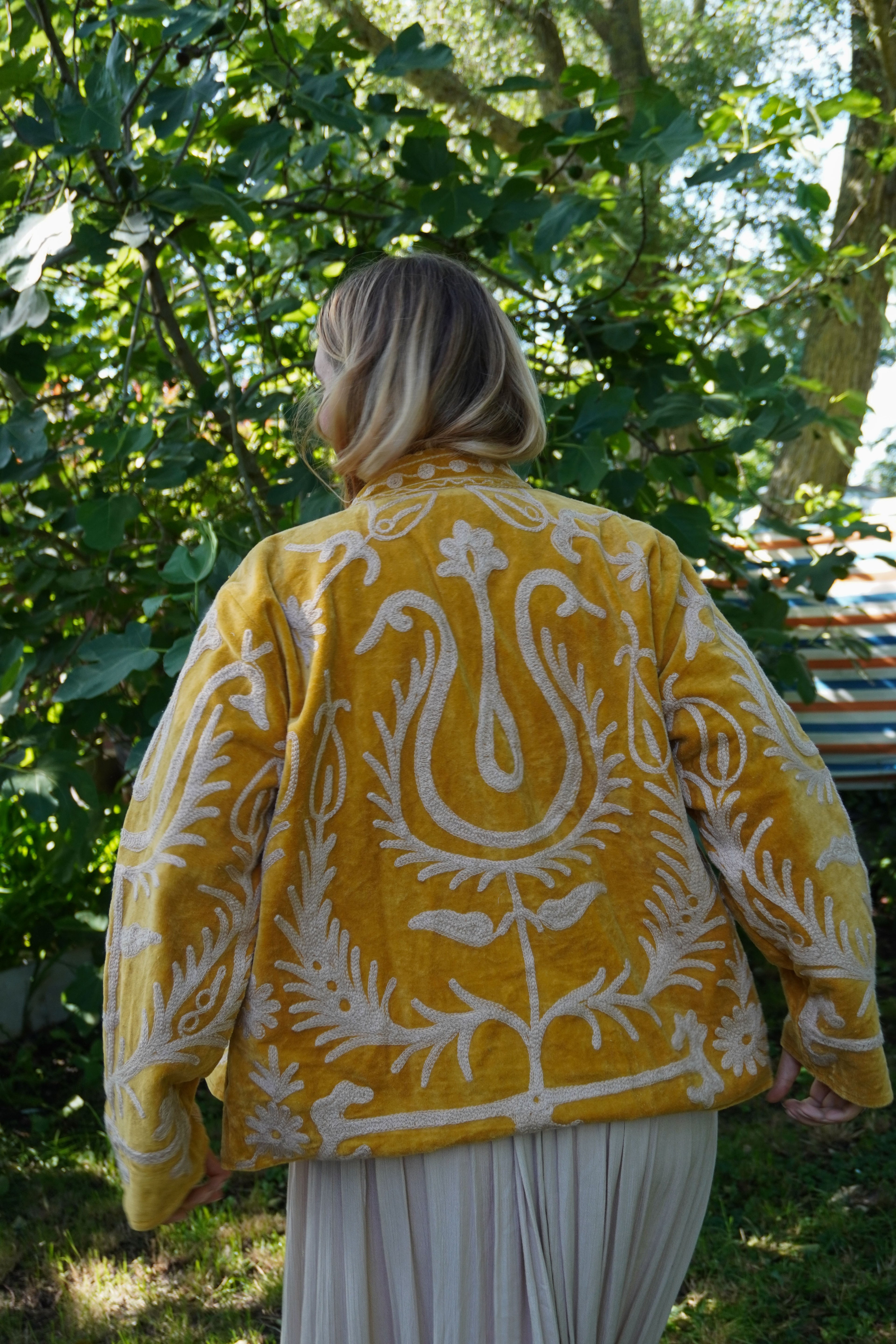 Suzani velvet short coat - Ochre Yellow Floral