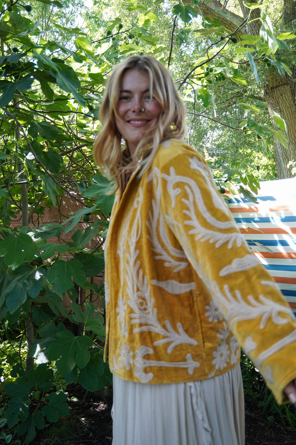Suzani velvet short coat - Ochre Yellow Floral