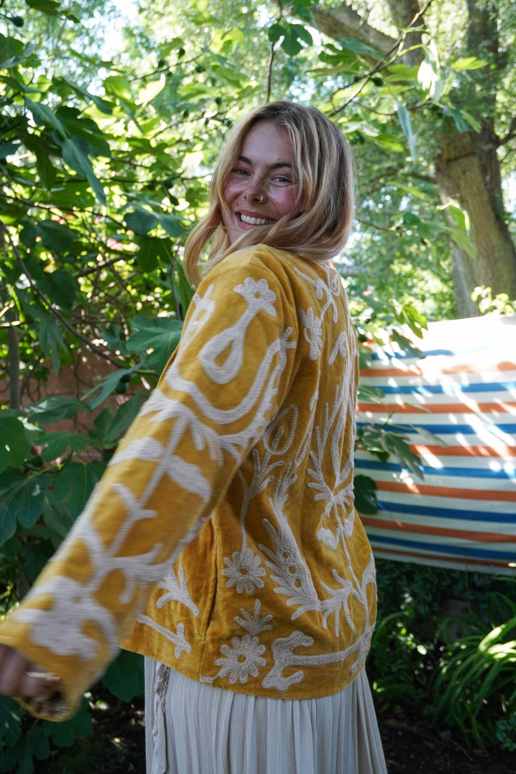 Suzani velvet short coat - Ochre Yellow Floral