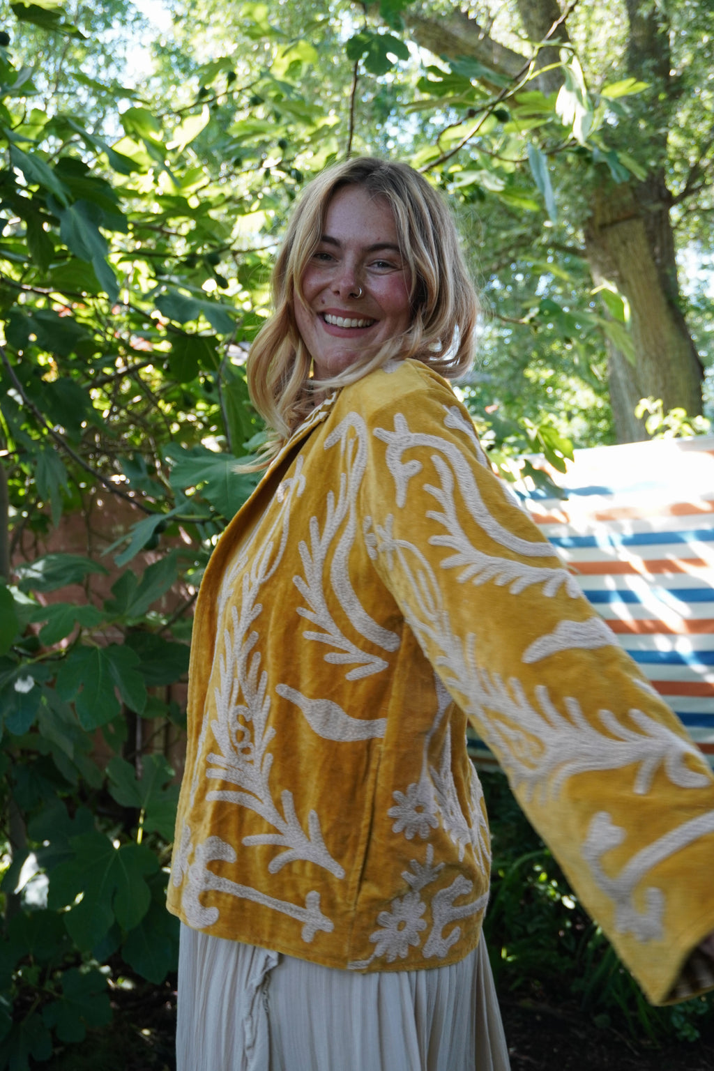 Suzani velvet short coat - Ochre Yellow Floral