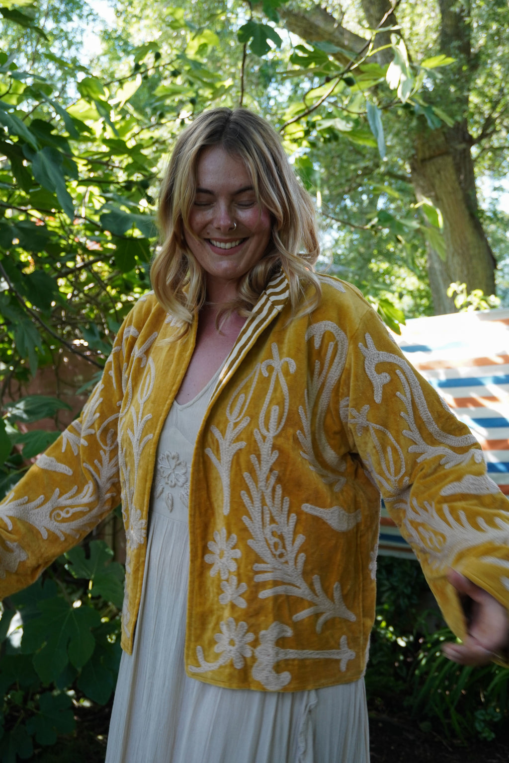 Suzani velvet short coat - Ochre Yellow Floral