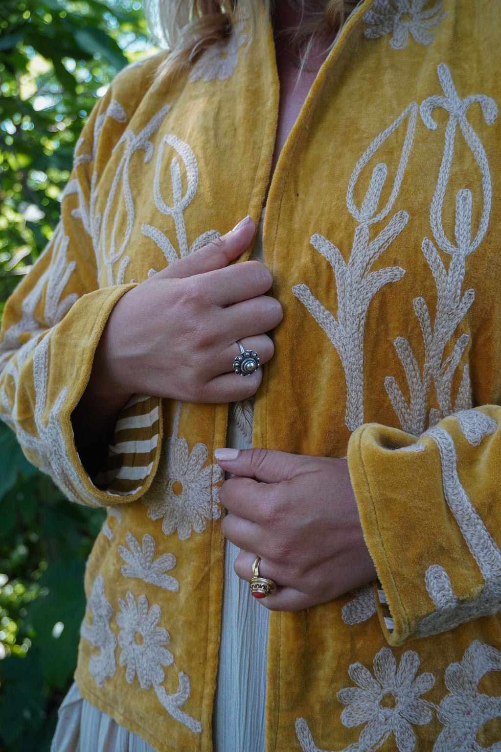 Suzani velvet short coat - Ochre Yellow Floral