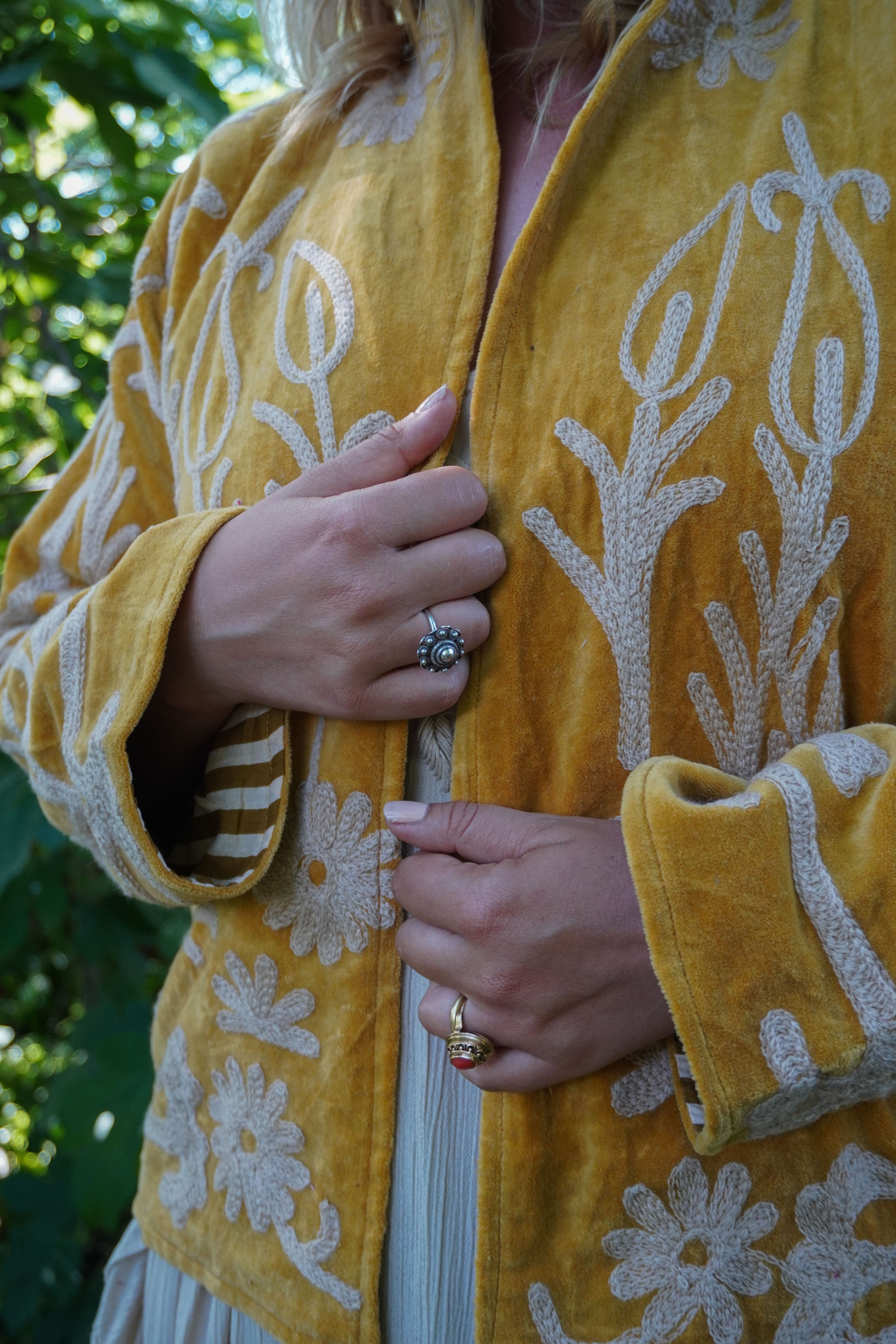 Suzani velvet short coat - Ochre Yellow Floral