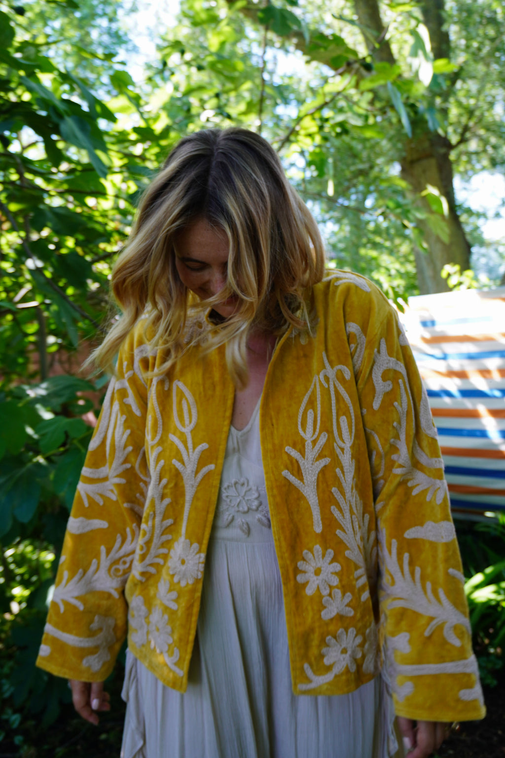 Suzani velvet short coat - Ochre Yellow Floral