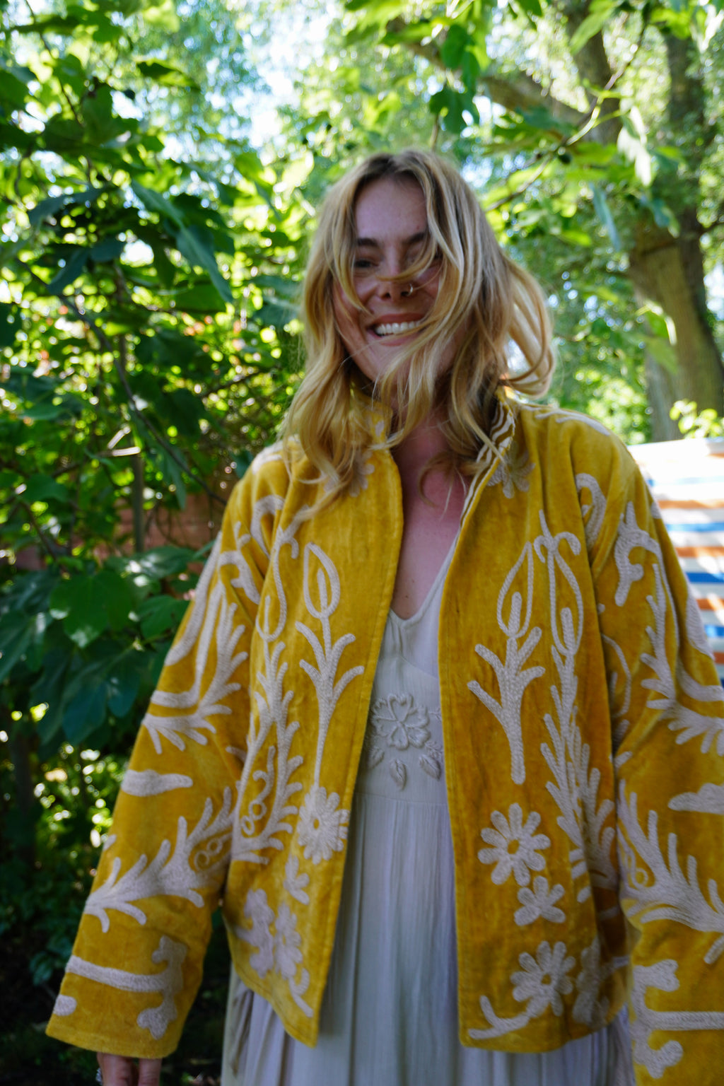 Suzani velvet short coat - Ochre Yellow Floral
