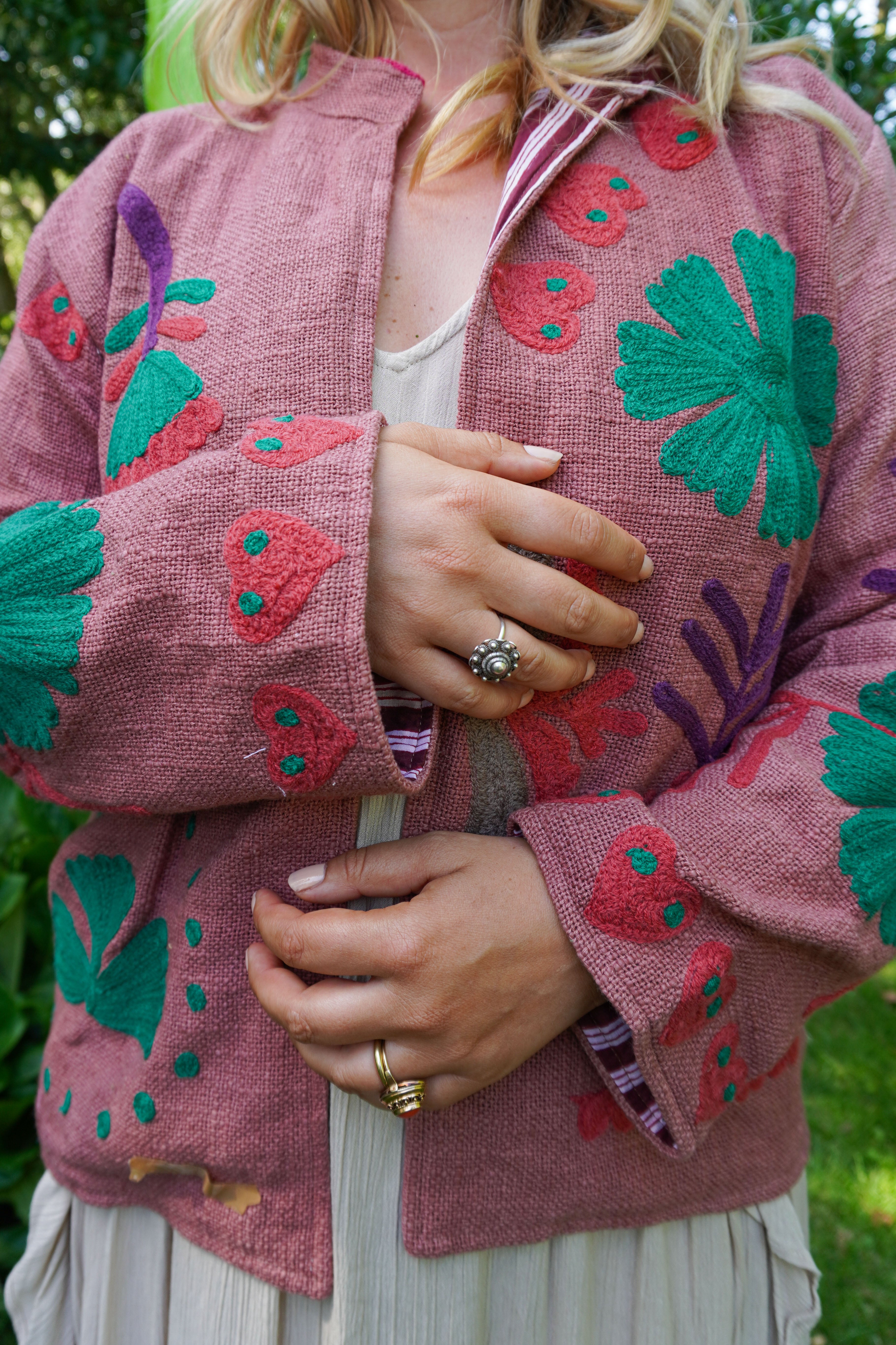 Suzani woven cotton short coat - Dusty Pink Love