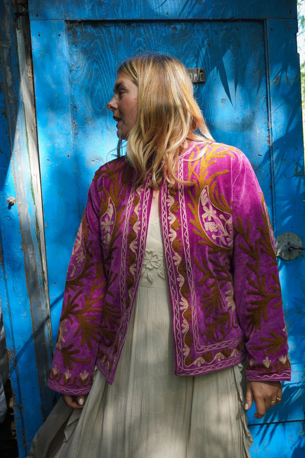 Suzani velvet short coat - Floral purple