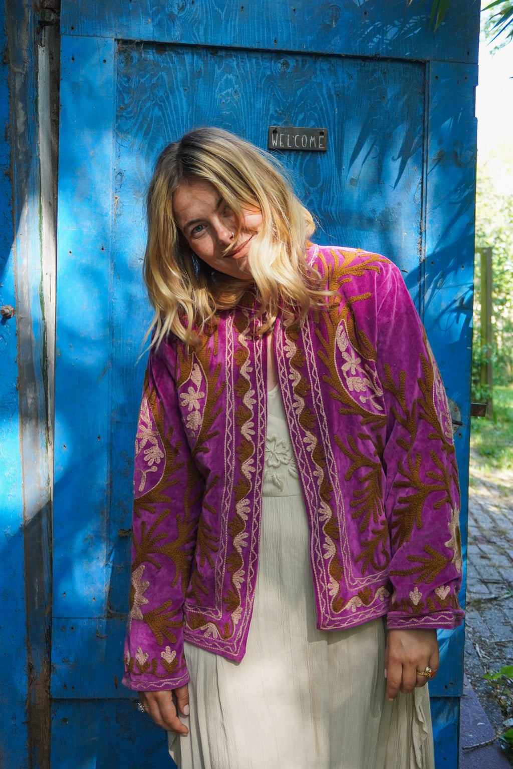 Suzani velvet short coat - Floral purple