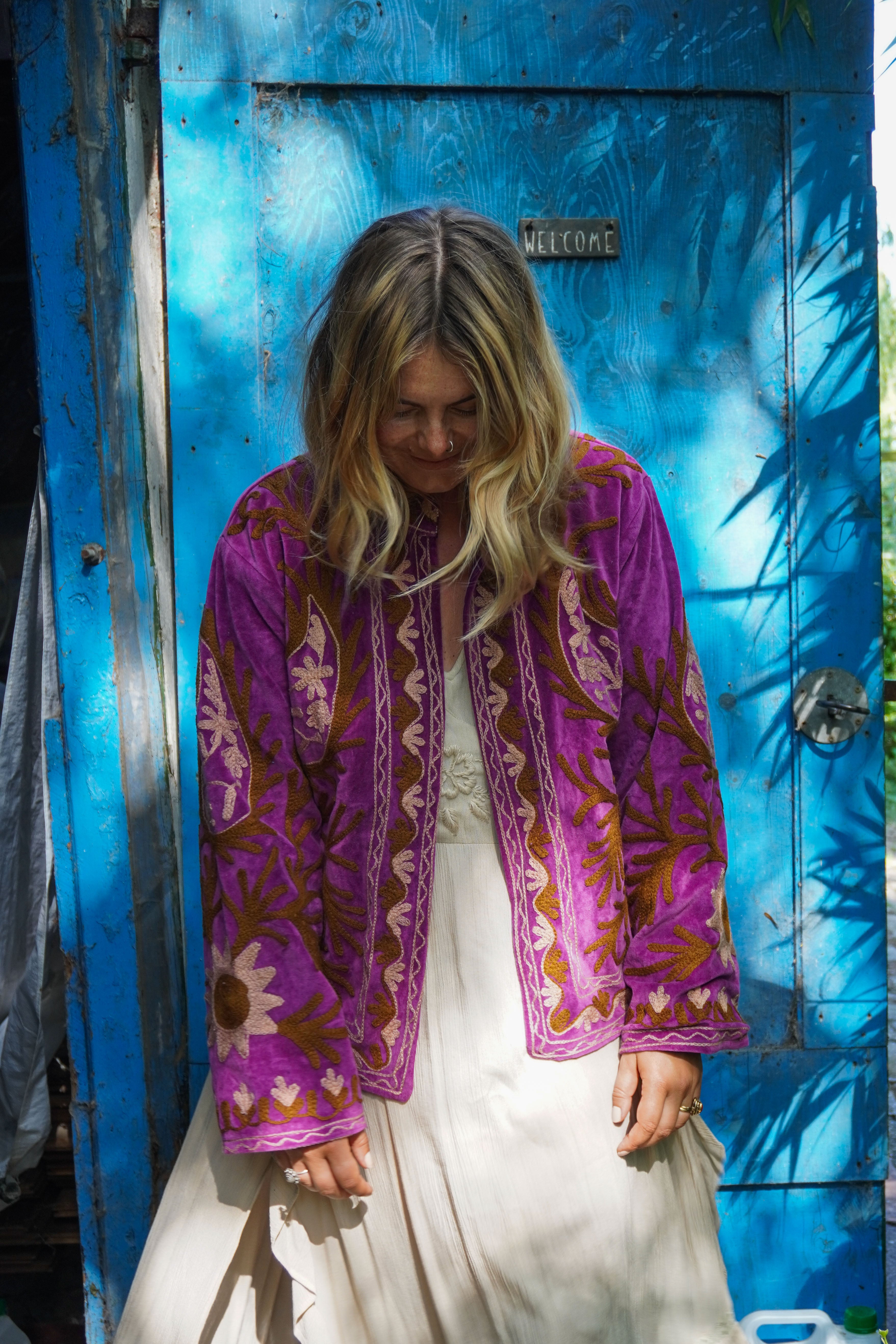 Suzani velvet short coat - Floral purple