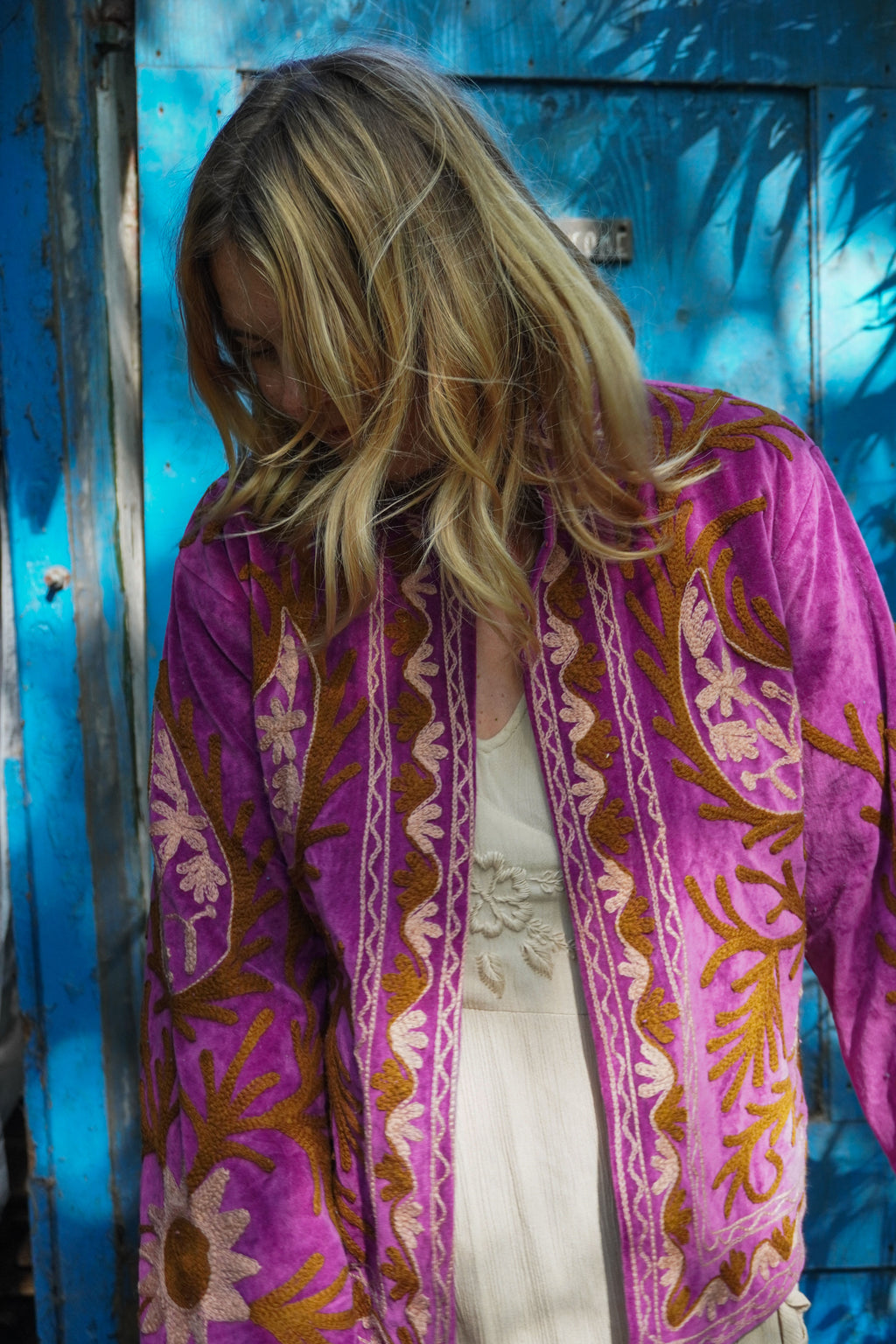 Suzani velvet short coat - Floral purple
