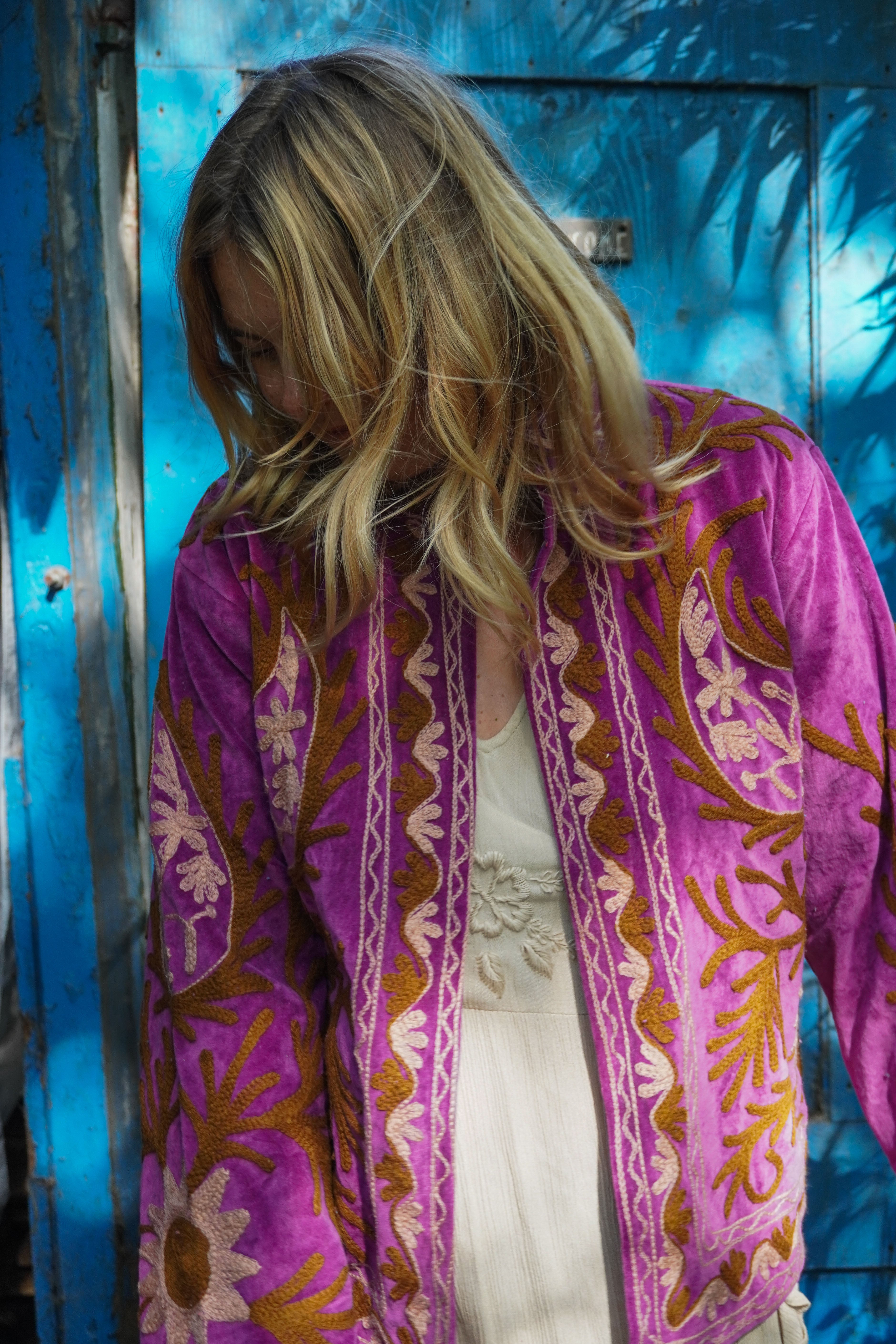 Suzani velvet short coat - Floral purple