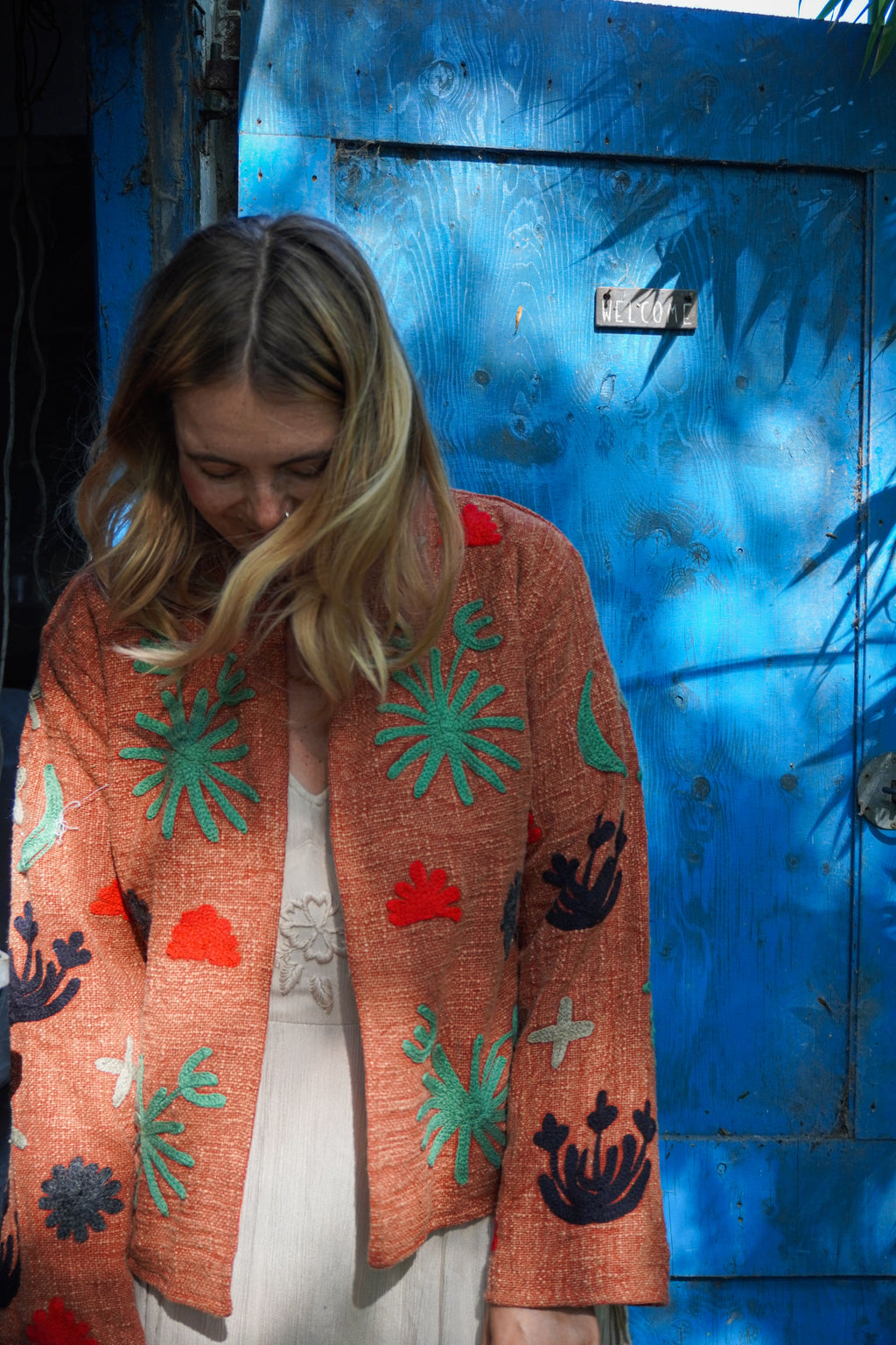 Suzani woven cotton short coat - Terracotta Panther