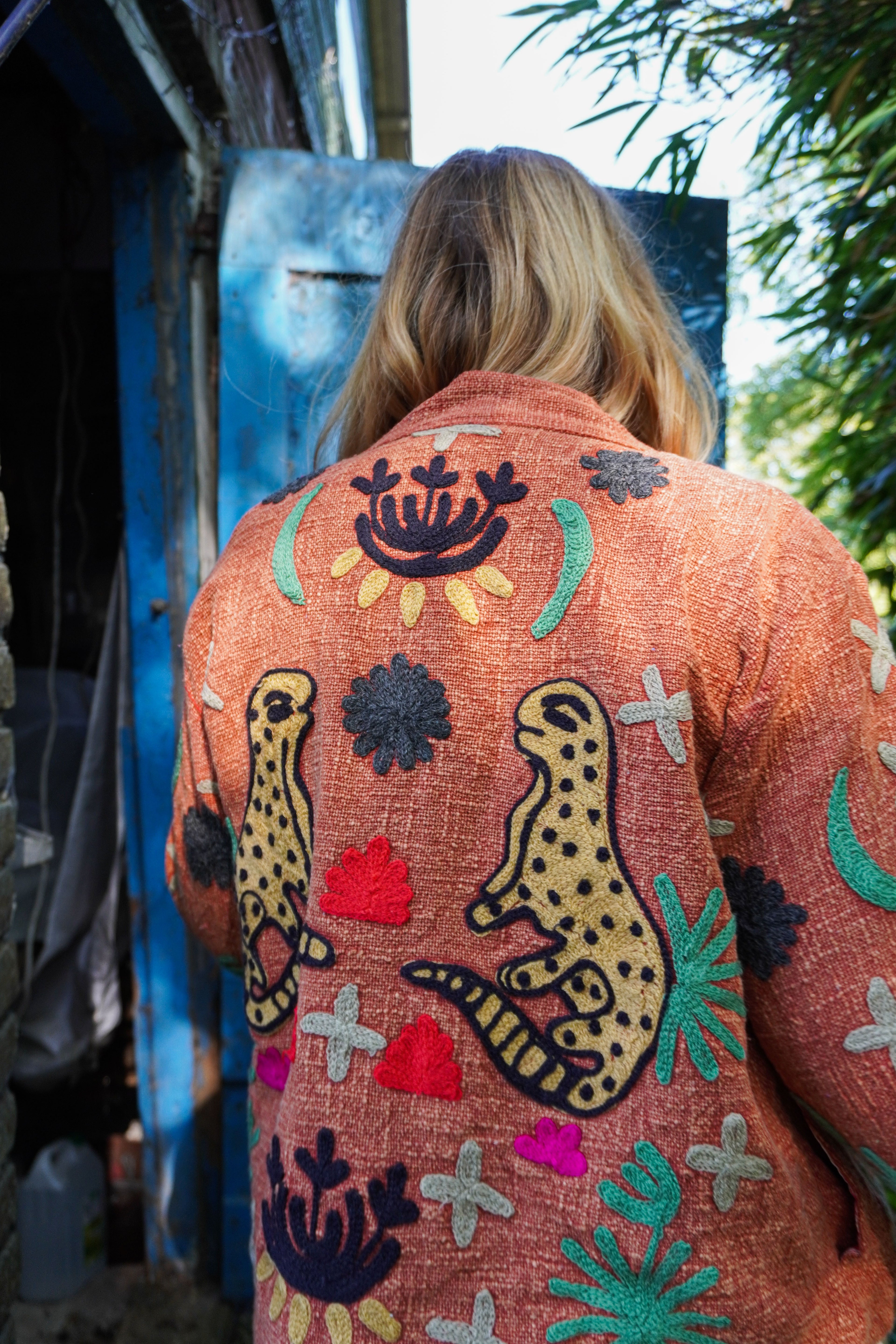 Suzani woven cotton short coat - Terracotta Panther