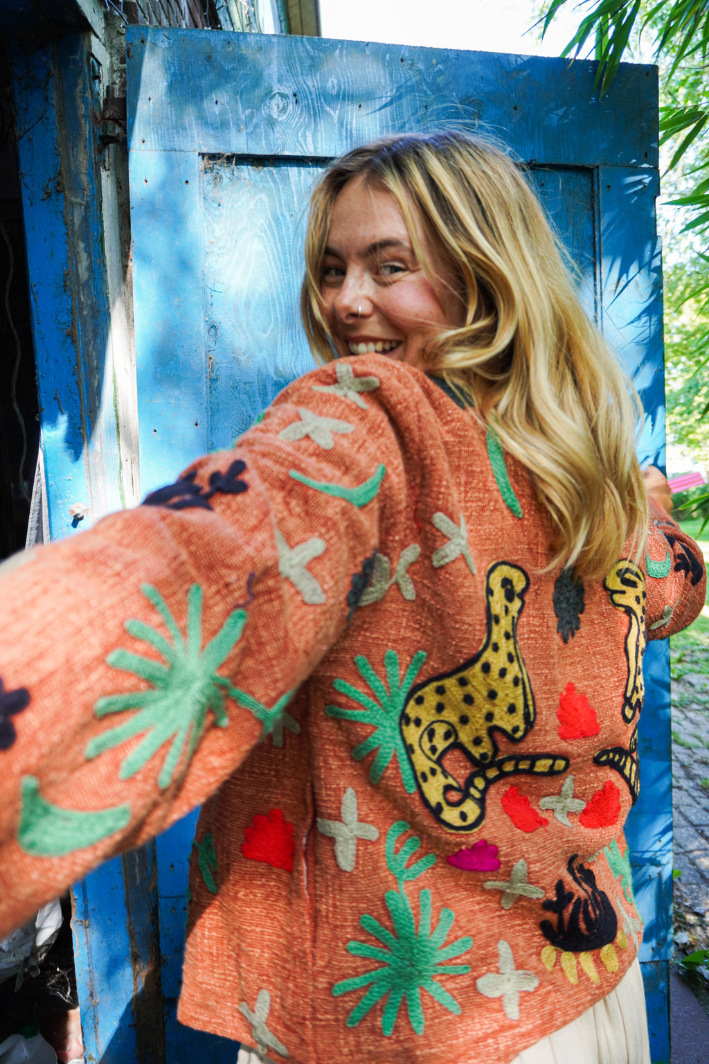 Suzani woven cotton short coat - Terracotta Panther