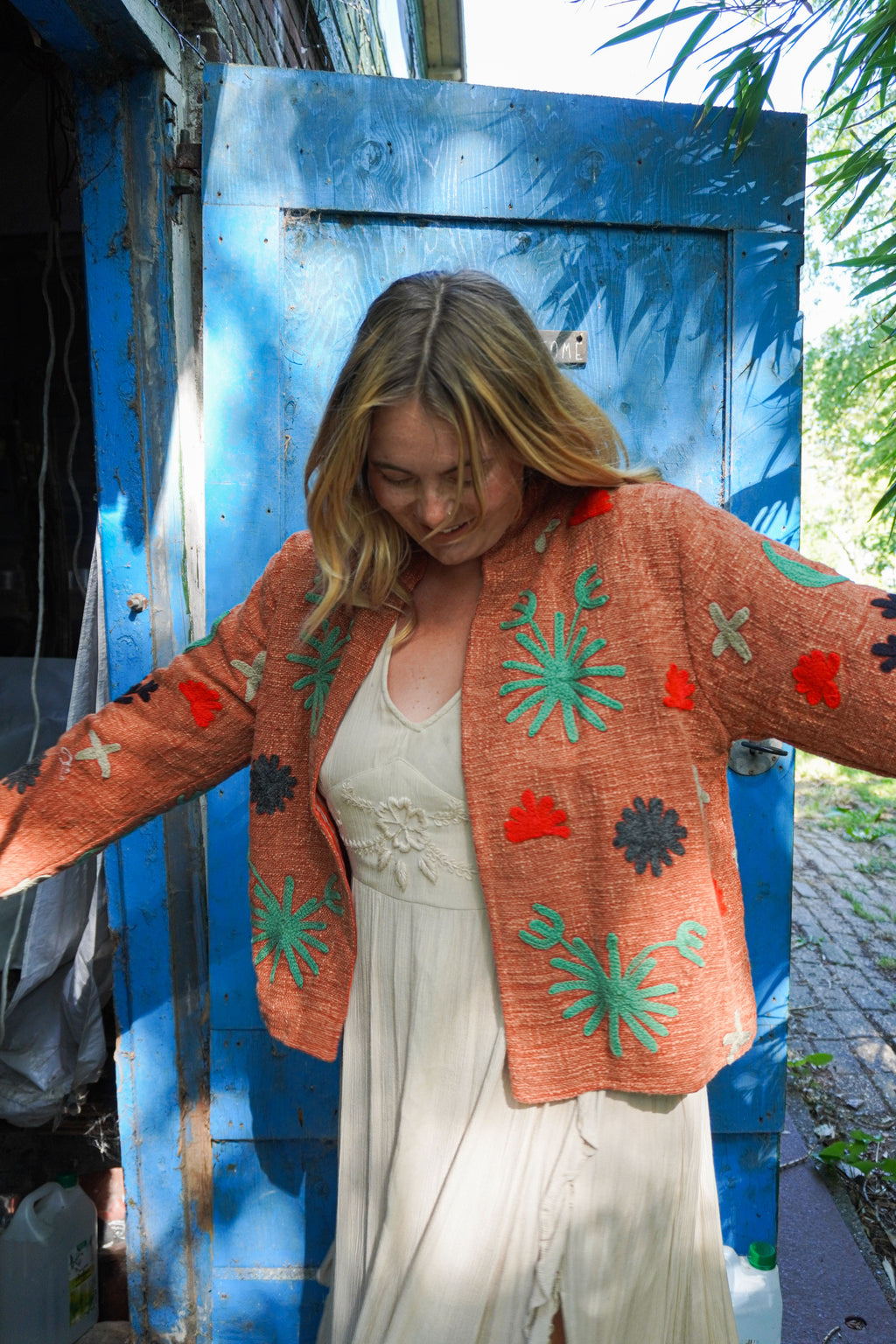 Suzani woven cotton short coat - Terracotta Panther