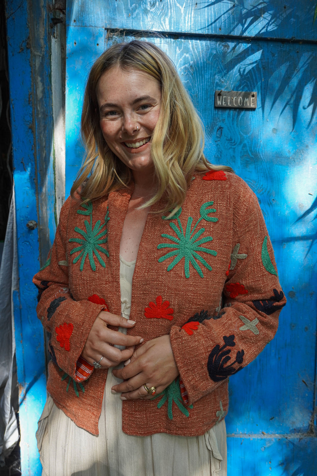 Suzani woven cotton short coat - Terracotta Panther