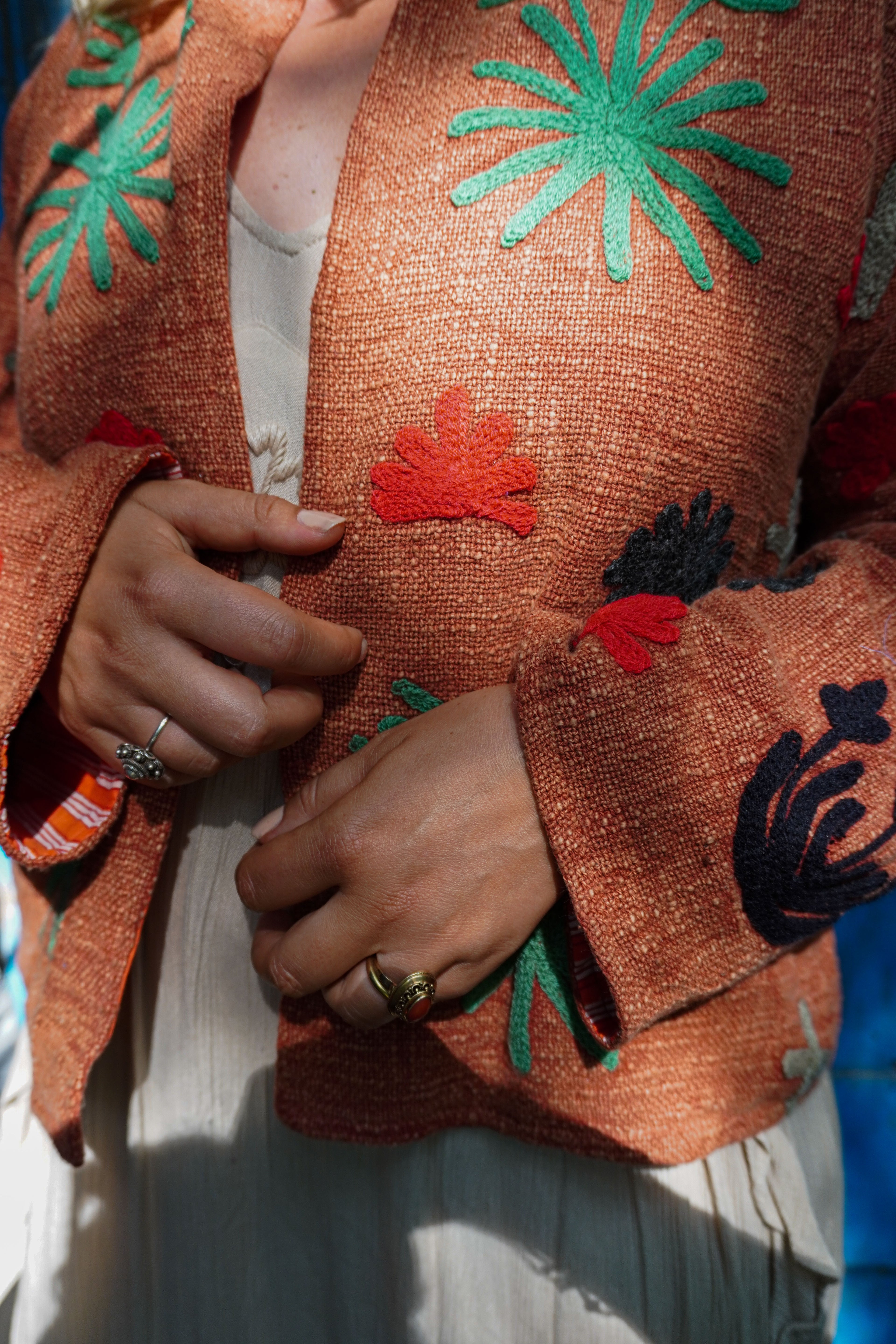 Suzani woven cotton short coat - Terracotta Panther