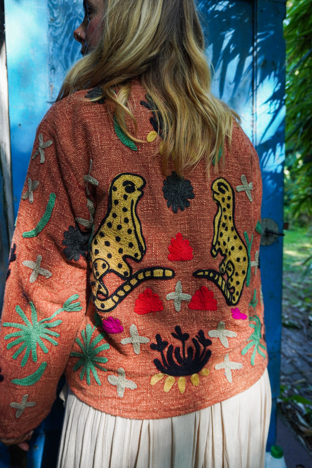 Suzani woven cotton short coat - Terracotta Panther
