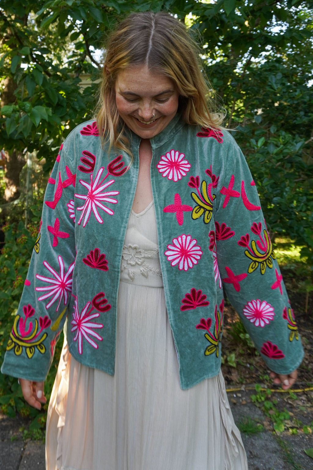 Suzani velvet short coat - Jade Green Panther