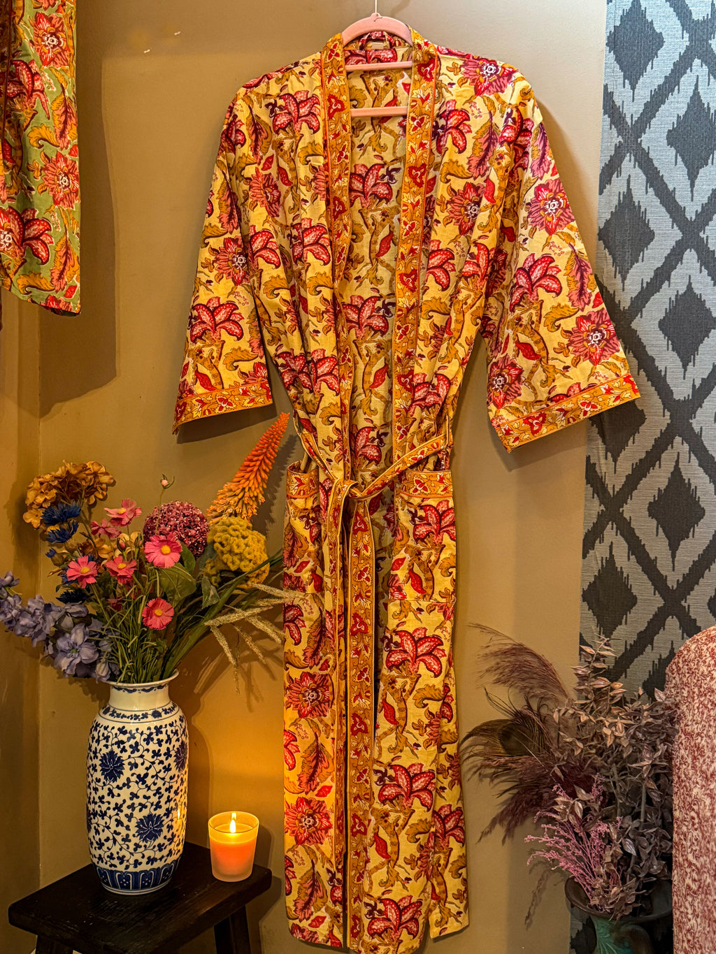 Kimono robe - Blockprint Floral yellow