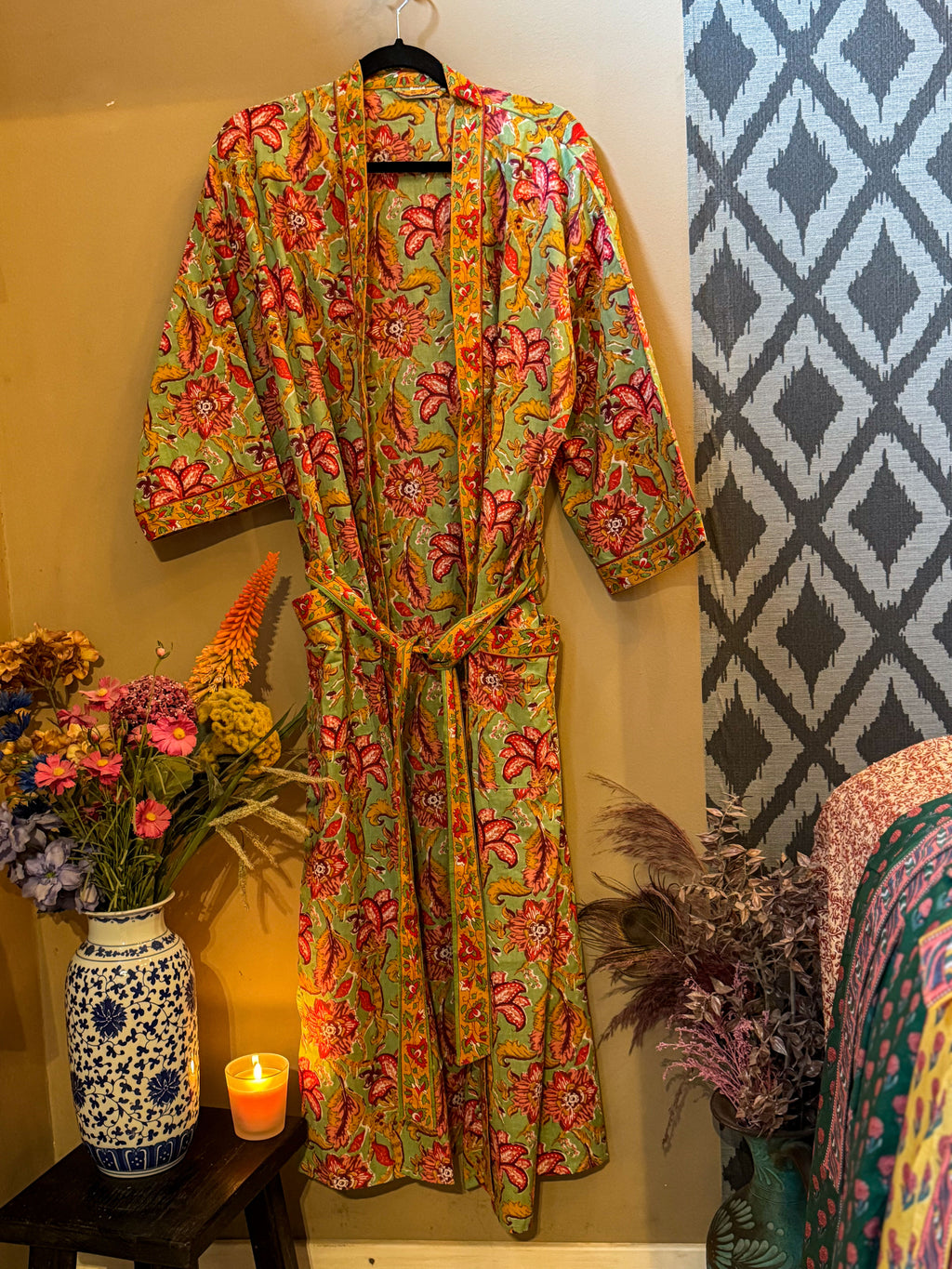 Kimono robe - Blockprint Floral mint