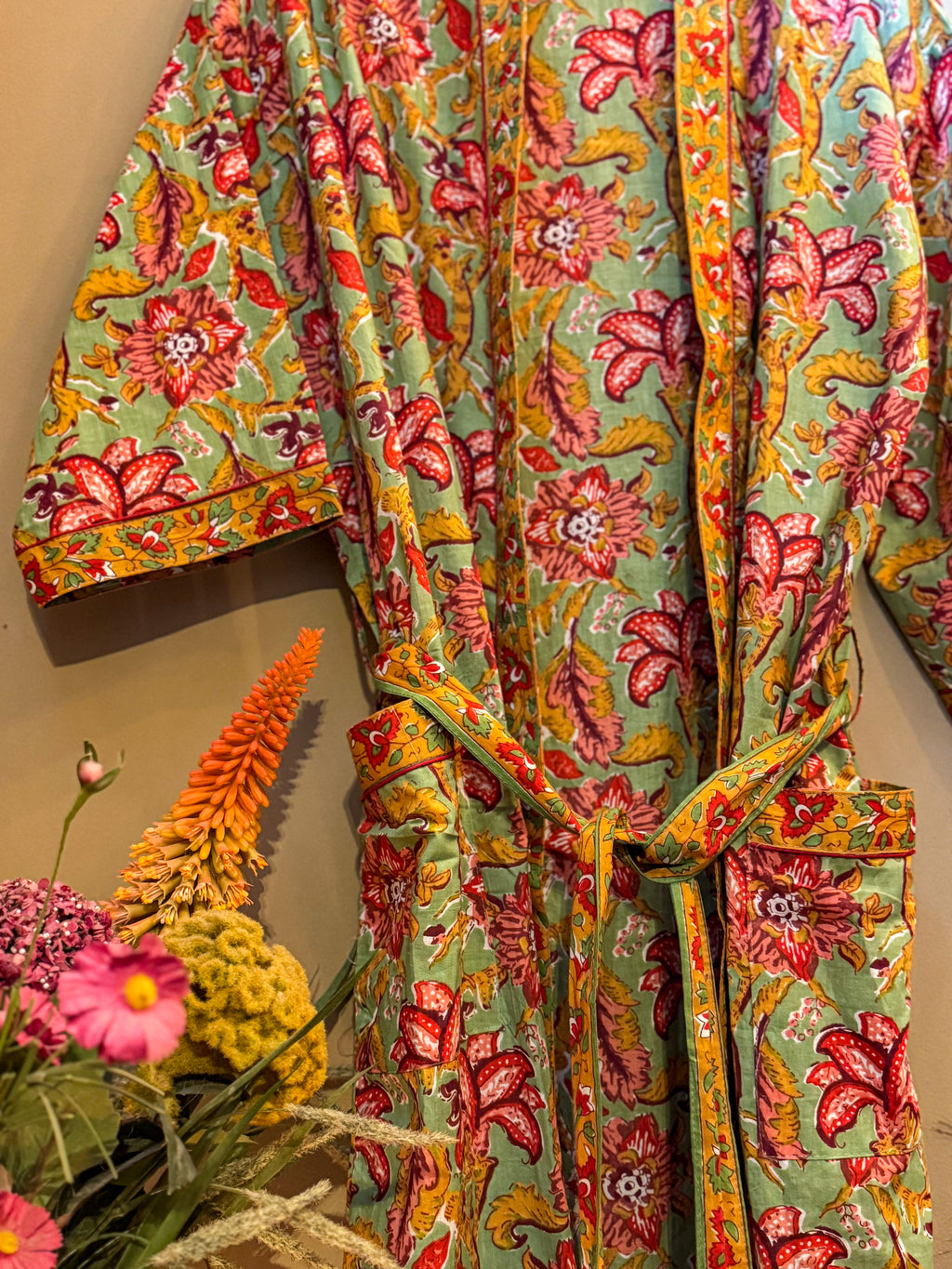 Kimono robe - Blockprint Floral mint