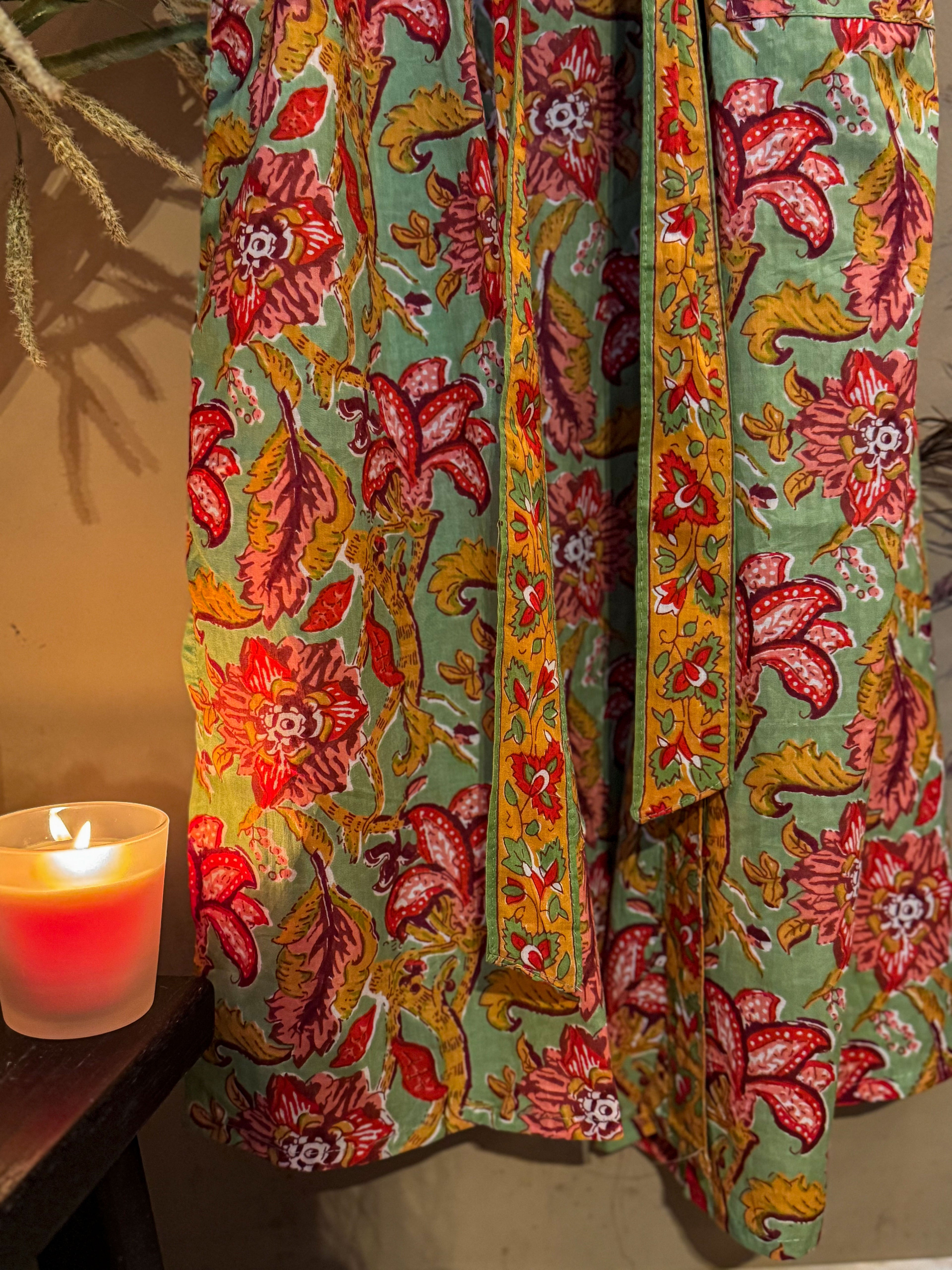 Kimono robe - Blockprint Floral mint