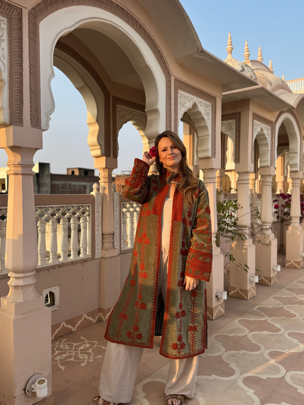 Suzani velvet long coat - Red