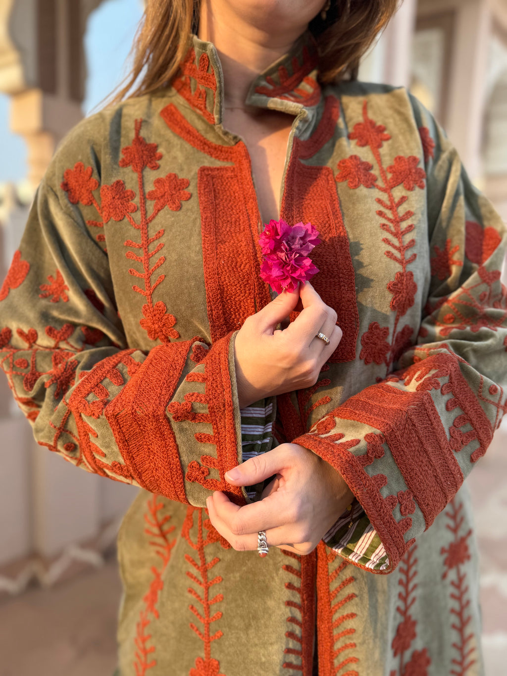 Suzani velvet long coat - Red