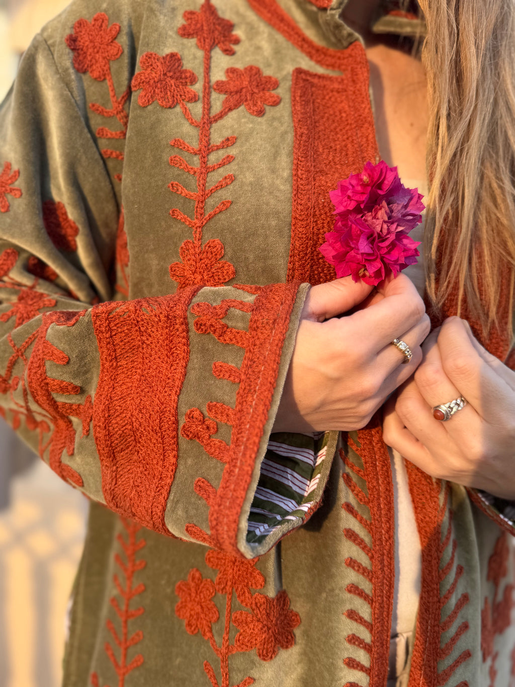 Suzani velvet long coat - Red