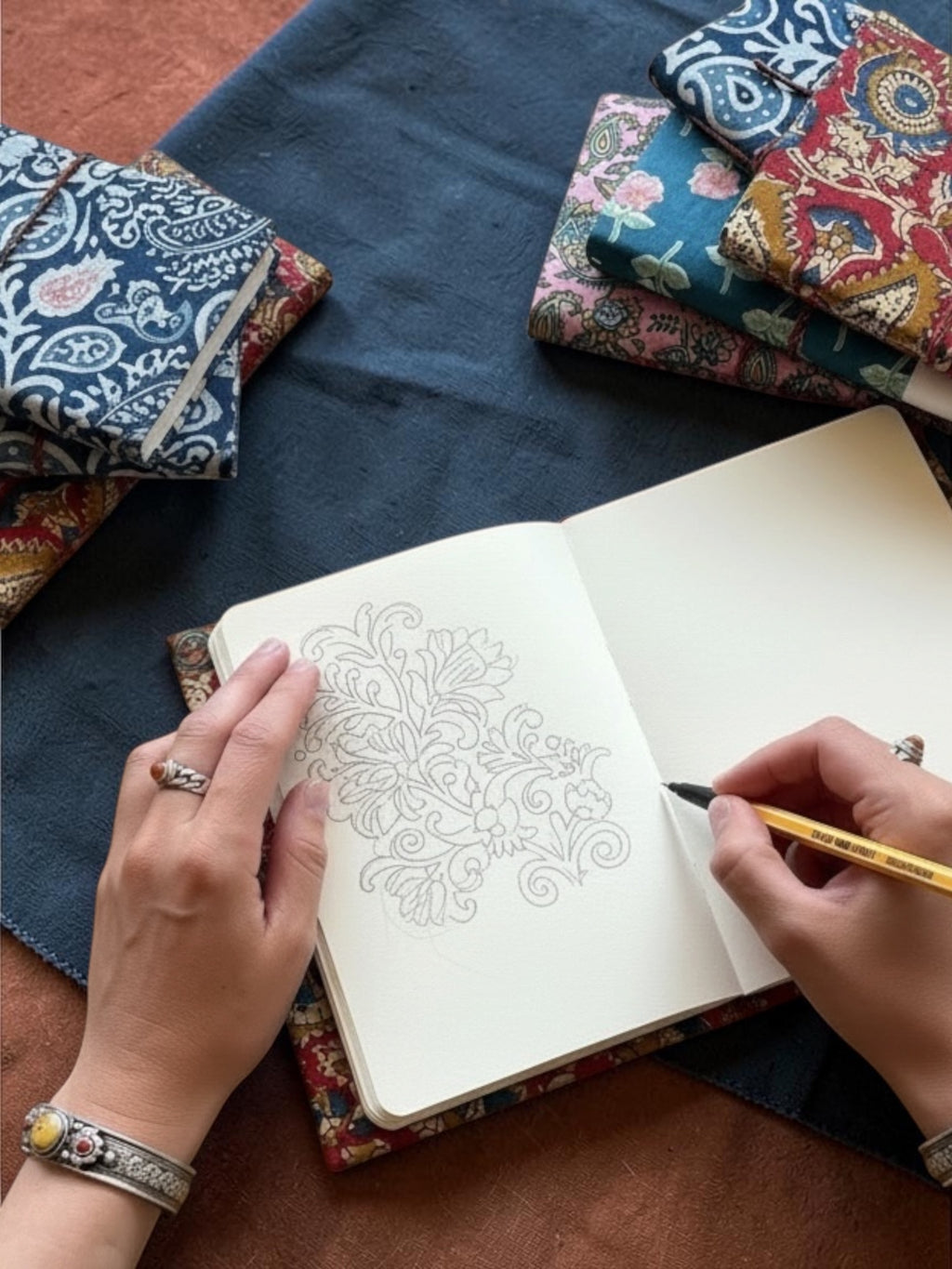 Block printed Journaling Book - Medium (BlackFlower)