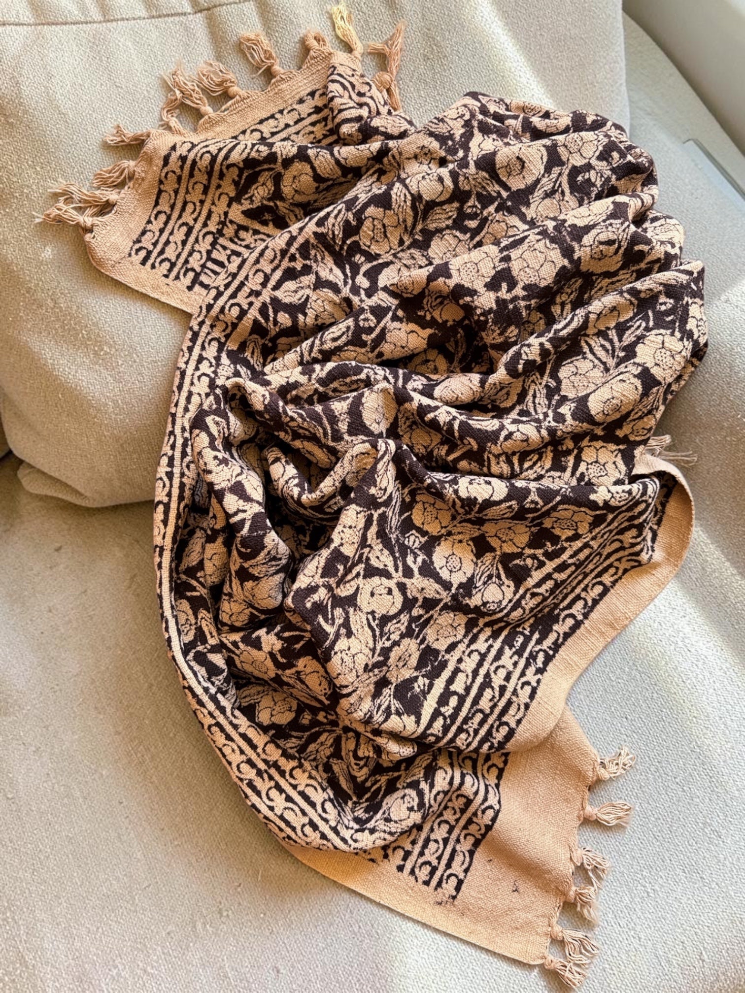 Blockprinted Handwoven throw-  Black
