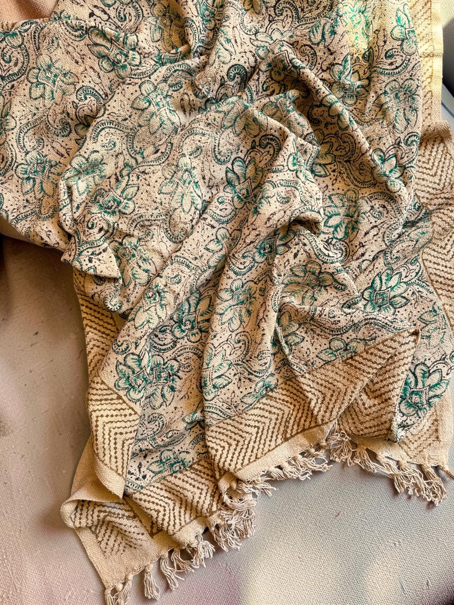 Blockprinted Handwoven throw- Green