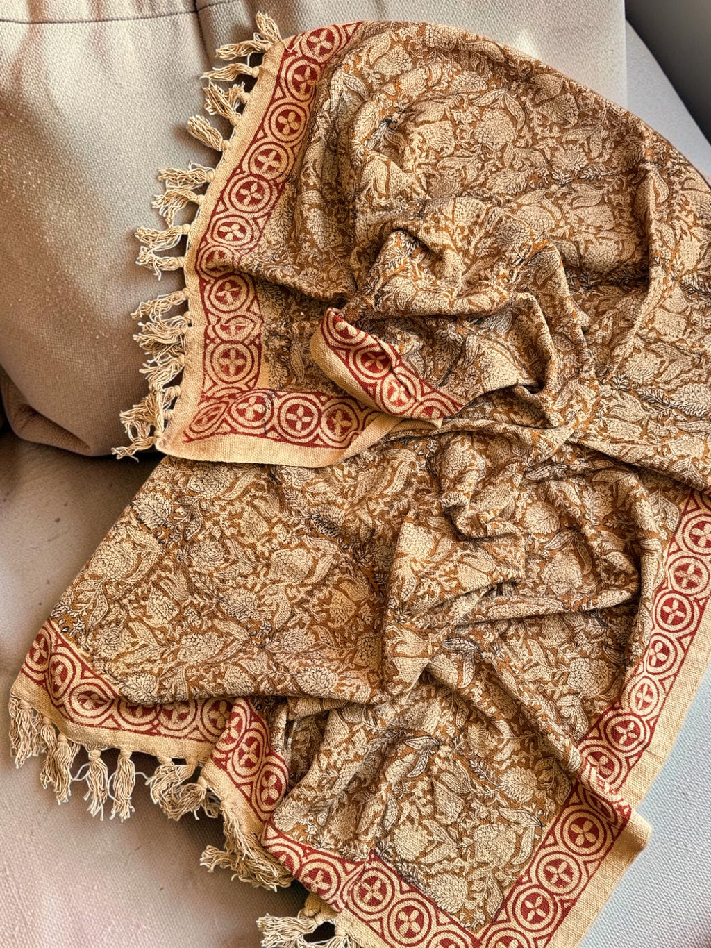 Blockprinted Handwoven throw- Mustard