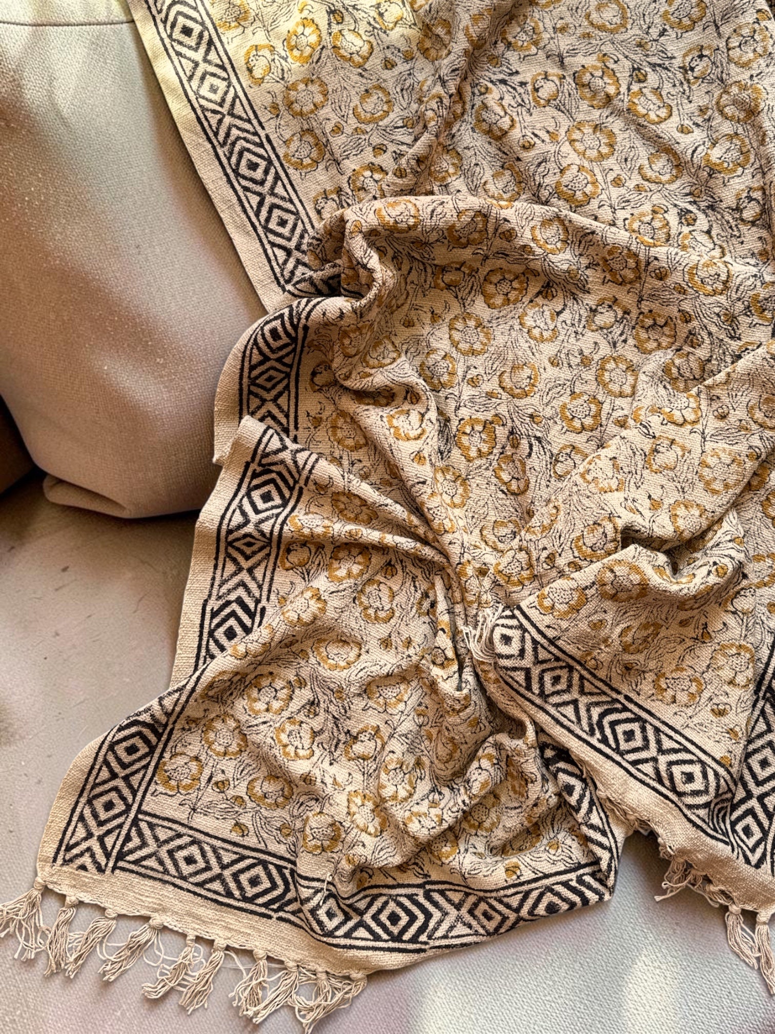 Blockprinted Handwoven throw- Ochre