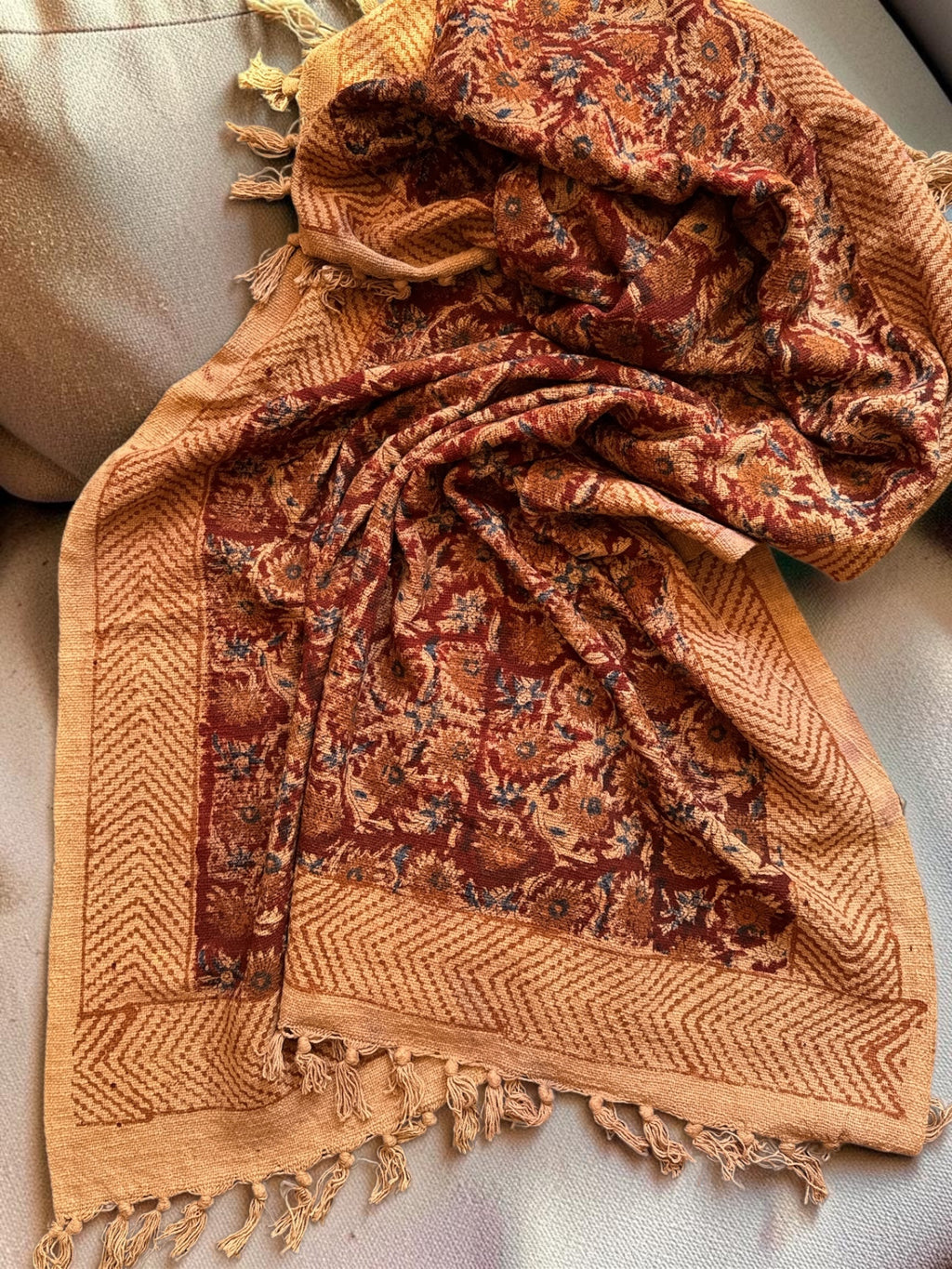 Blockprinted Handwoven throw- Red
