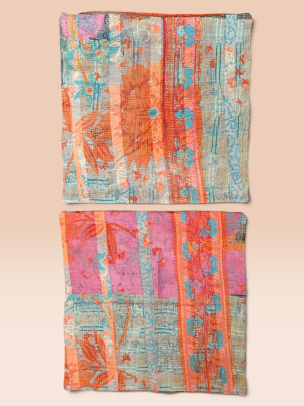 Kantha Cushion cover - Set of 2 (Orange&Aqua)