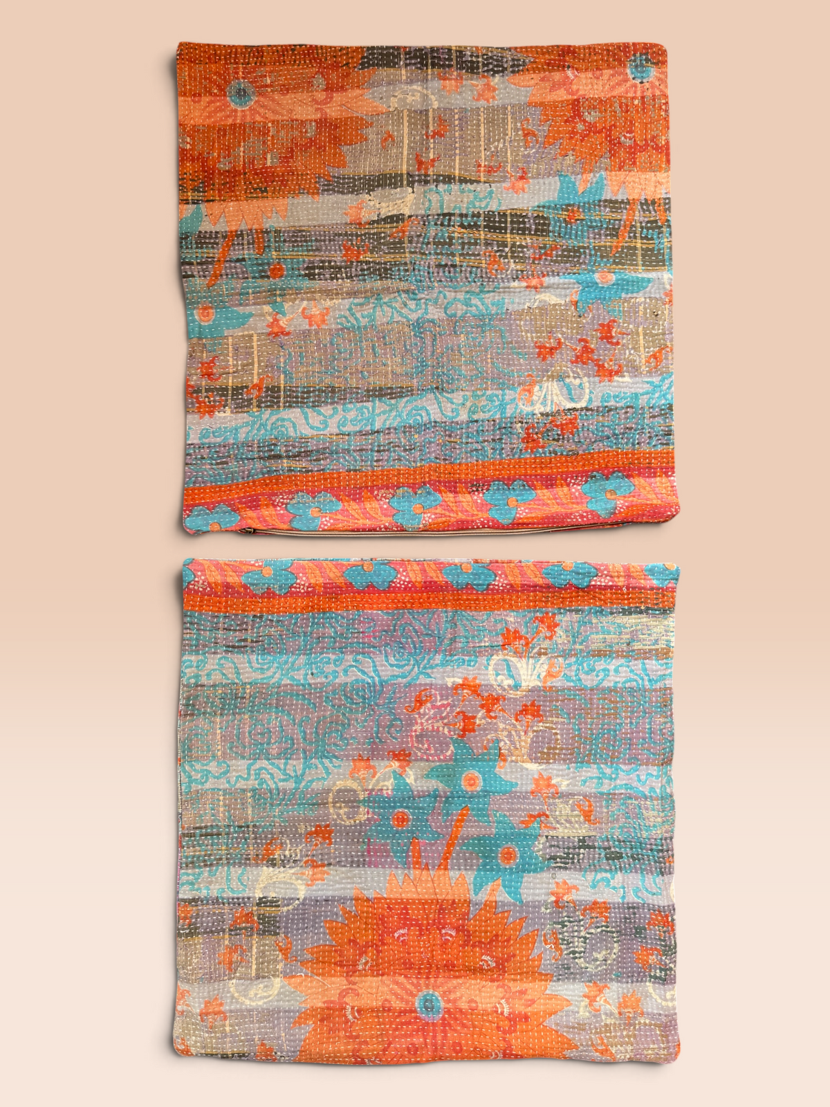 Kantha Cushion cover - Set of 2 (Orange&Aqua)