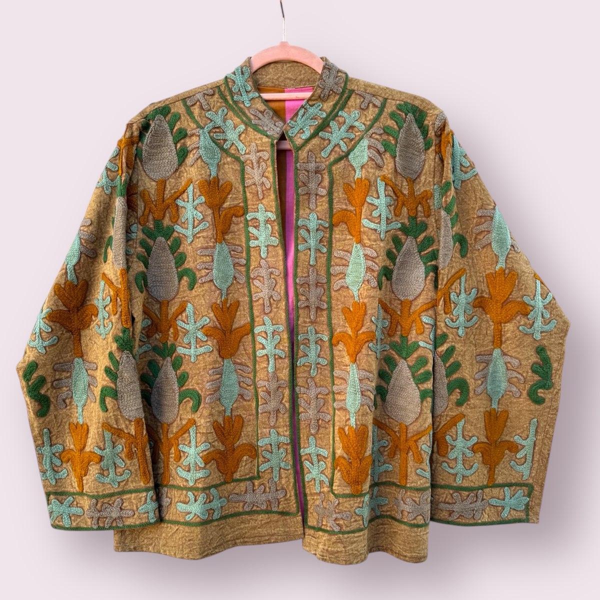 Suzani  cotton short coat - Mustard / Green / aqua