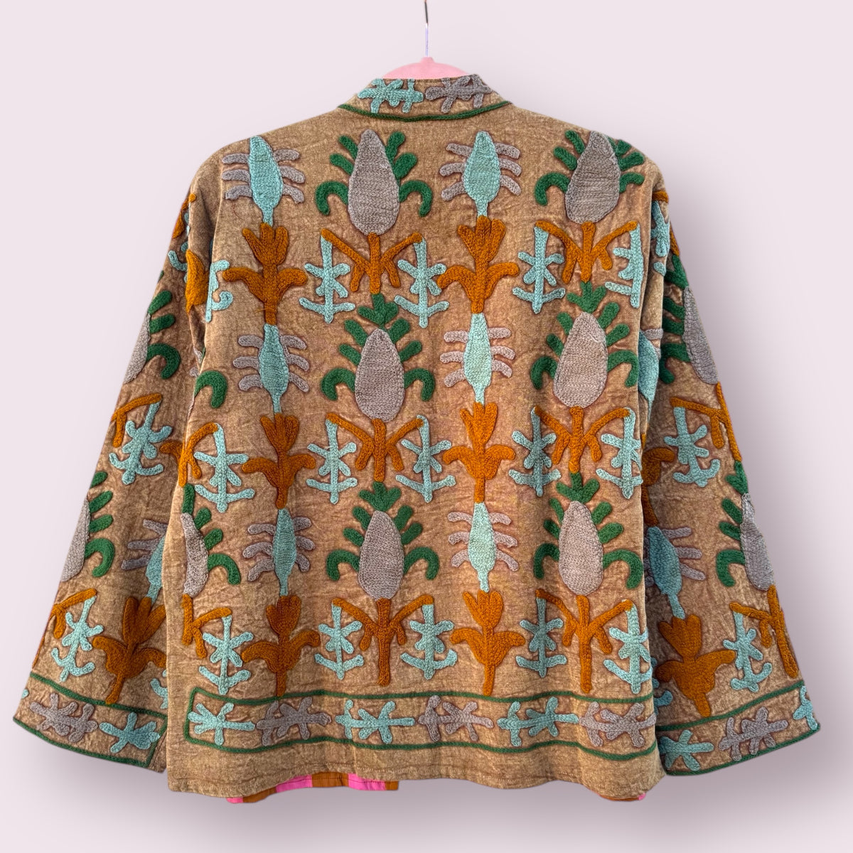 Suzani  cotton short coat - Mustard / Green / aqua
